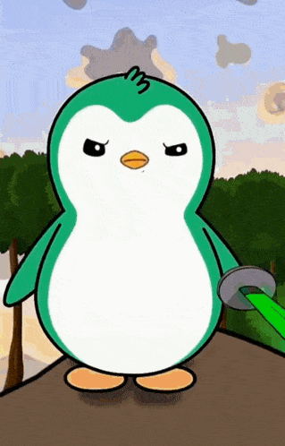 a cartoon penguin is standing on a ledge holding a sword .