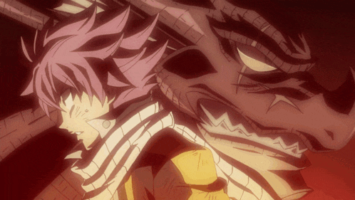 a man with pink hair is standing next to a large red dragon
