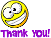 a smiley face with a big smile and the words `` thank you '' below it .