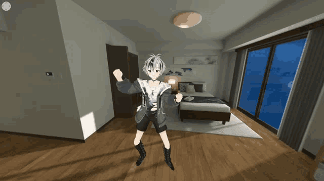 a cartoon character is standing in a bedroom with a bed in the background