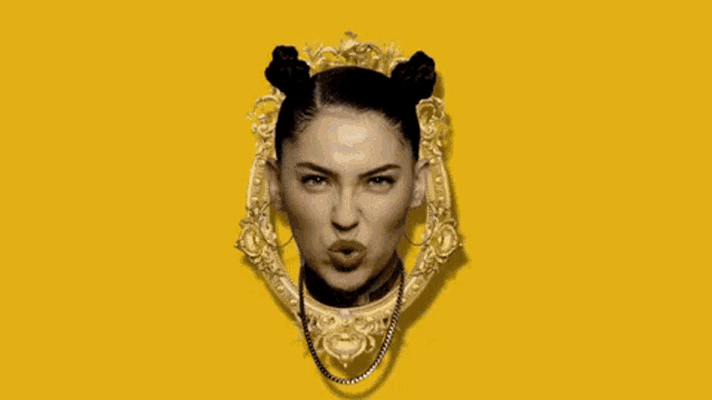 a collage of a woman 's face and a man 's face in a gold frame on a yellow background