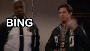 two police officers are standing next to each other and the word bing is on the screen