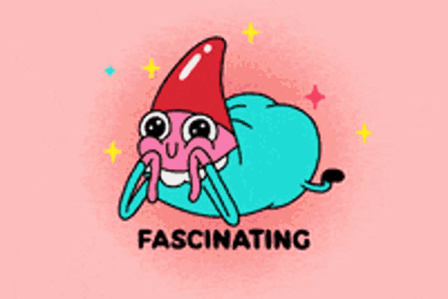 a cartoon character with a red hat and the words fascinating on the bottom