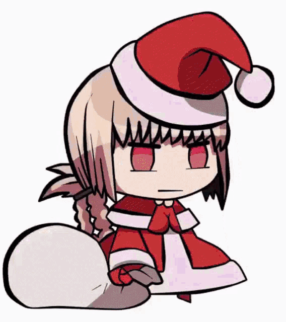 a cartoon girl wearing a santa hat and holding a bag .