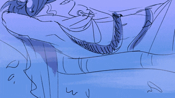 a drawing of a person laying on a bed with the letters u and r visible