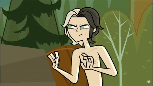 a cartoon character without a shirt has a tattoo on his chest