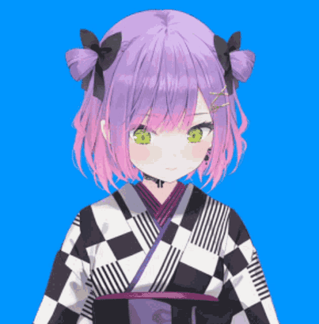a girl with purple hair and green eyes is wearing a black and white kimono .