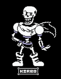 a pixel art drawing of a skeleton with the name kirbo on the bottom .