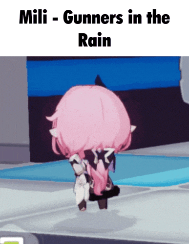 a cartoon of a girl with pink hair and the words " mili - gunners in the rain "