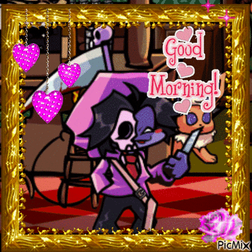 a picture of a cartoon character with a knife and the words " good morning "