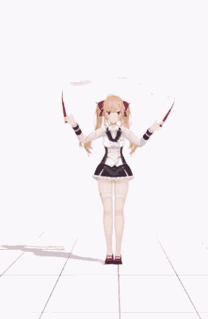 a girl in a white dress is holding two knives in her hands