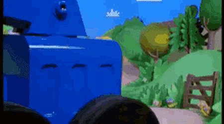 a blue truck is in a cartoon scene with trees and a fence