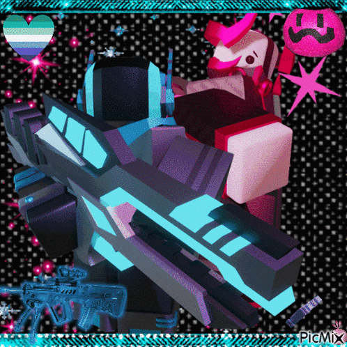 a picture of a robot holding a gun with a picmix logo in the corner