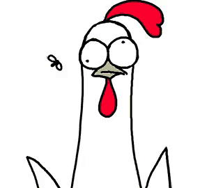 a cartoon chicken with a red comb and yellow beak