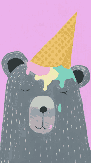 a bear wearing an ice cream cone with melted ice cream on its face