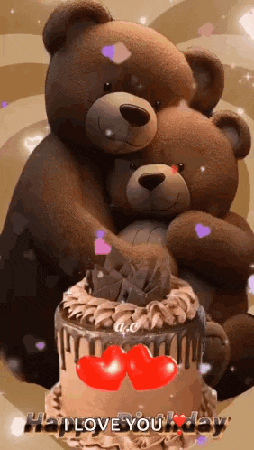 two teddy bears are hugging each other over a chocolate cake with hearts on it .