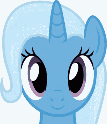 a blue pony with a horn and purple eyes looks at the camera