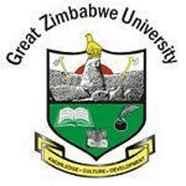 the great zimbabwe university logo is a shield with a bird on top of a rock .