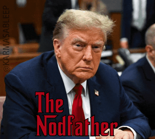 a man in a suit and tie is sitting in front of a sign that says the nodfather