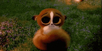 a cartoon meerkat is sitting in a field of flowers .