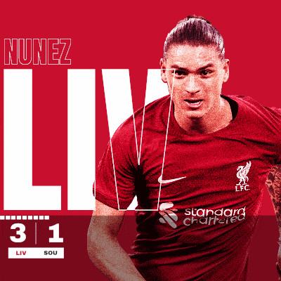 an advertisement for nunez liv shows a man in a red shirt