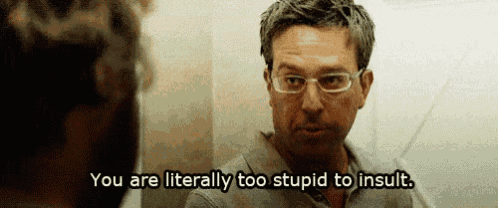 a man with glasses is looking at himself in the mirror and saying you are literally too stupid to insult