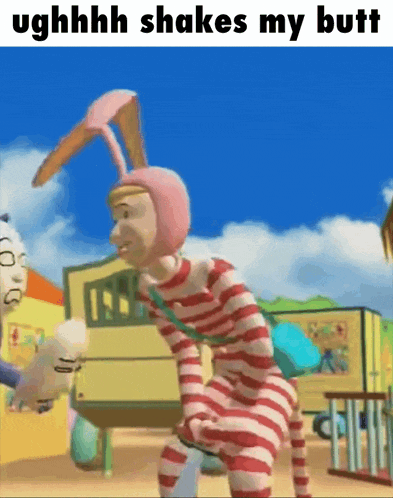 a cartoon character with a pink bunny ear and the words " ughhhh shakes my butt " on the bottom