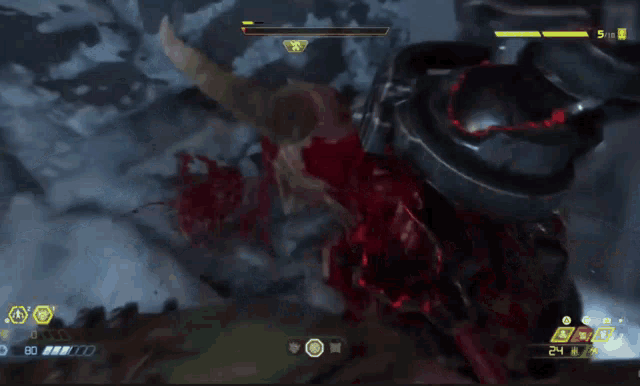 a screenshot of a video game shows a man laying on the ground with blood coming out of his mouth