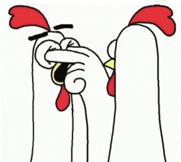 a cartoon of a chicken with a red crest covering its eyes