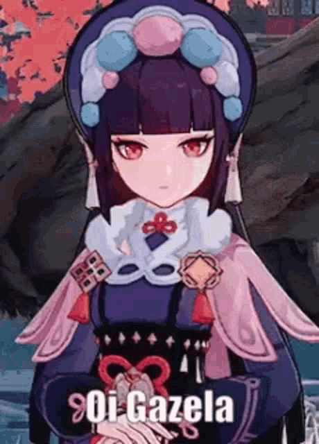 a cartoon girl with purple hair and red eyes is wearing a hat and a dress .