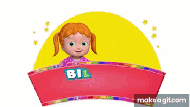 a cartoon girl is sitting in front of a red banner that says bil