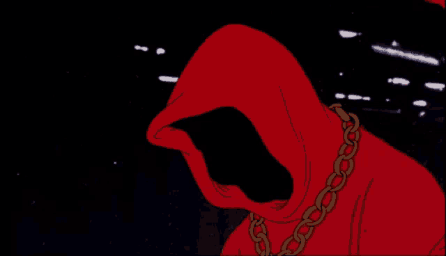 a cartoon character wearing a red hood and a gold chain around his neck