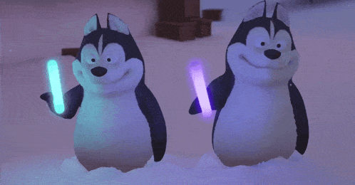 two huskies holding glow in the dark sticks in their hands