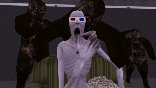 a man wearing 3d glasses is eating popcorn in front of a group of monsters