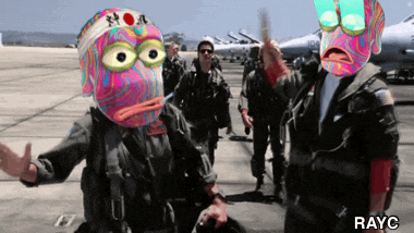 a group of soldiers with one wearing a colorful mask and the word rayc below them