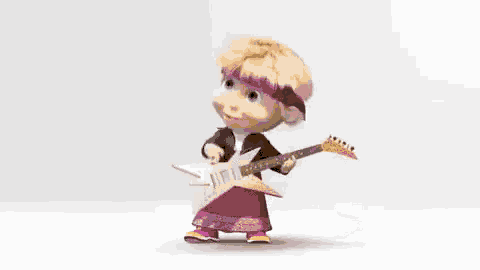 a cartoon character is playing a guitar in front of a large bear .