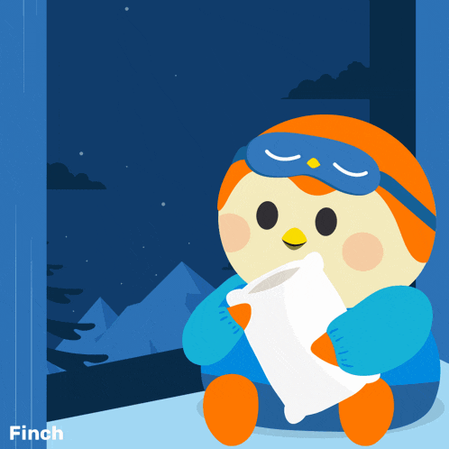 a cartoon of a bird holding a pillow with the word finch underneath it