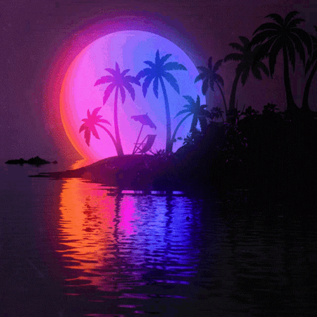 a colorful sunset with palm trees and a dolphin in the water