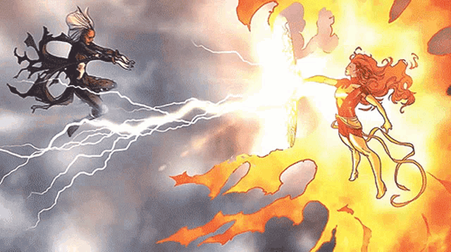 a drawing of a man and a woman fighting with lightning and fire