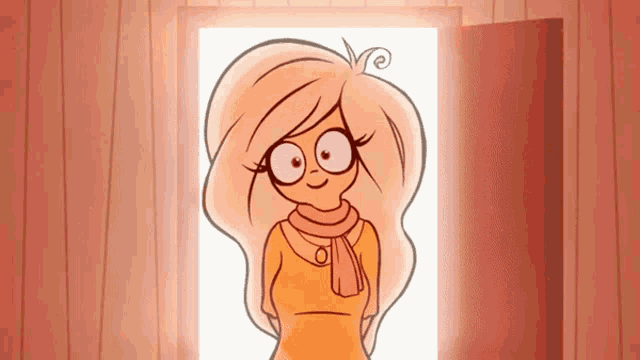 a cartoon of a girl wearing glasses and a scarf standing in front of an open door