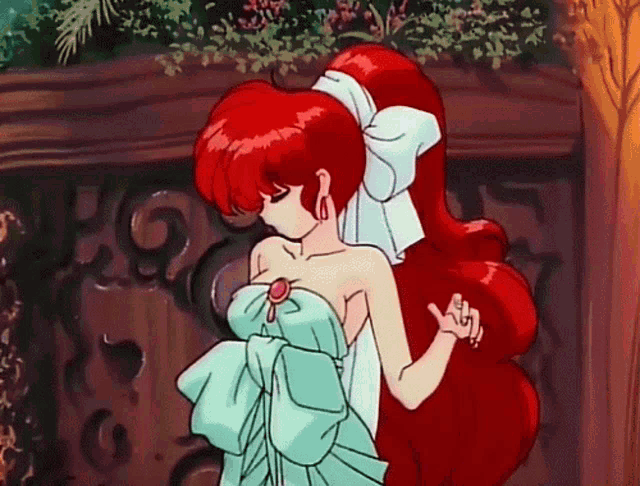 a woman with red hair is wearing a white dress with a bow