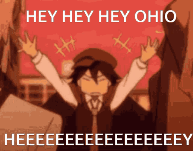 a picture of a man with his arms in the air with the words hey hey hey ohio