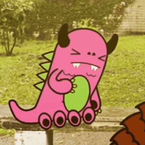 a cartoon of a pink monster with horns and a green stomach