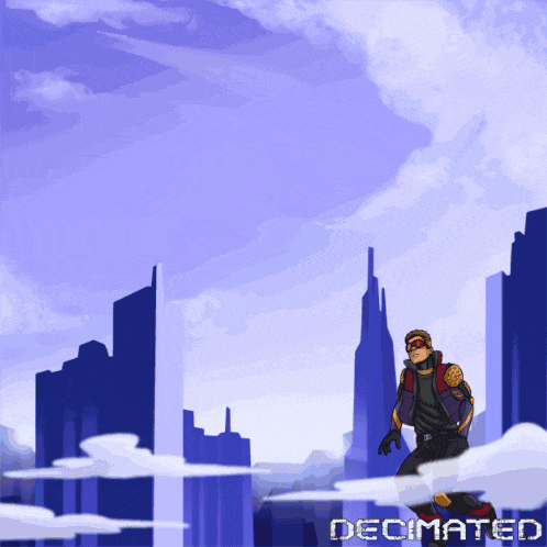a cartoon of a man in a futuristic city with the words decimated below him
