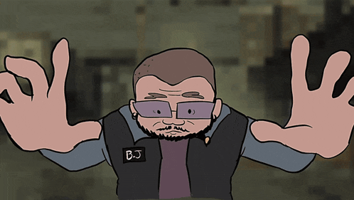a cartoon of a man wearing glasses and a vest that says bj