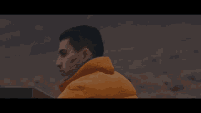a man wearing a yellow jacket stands in front of mountains