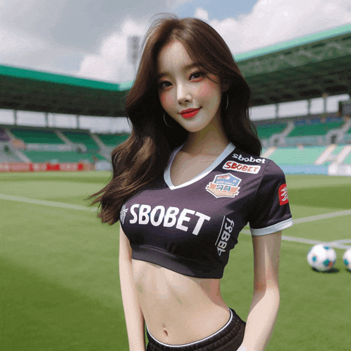 a woman wearing a soccer jersey that says ' sbobet ' on it