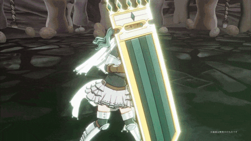 a girl in a white dress is holding a large green shield