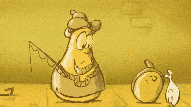 a cartoon drawing of a man with a fishing rod