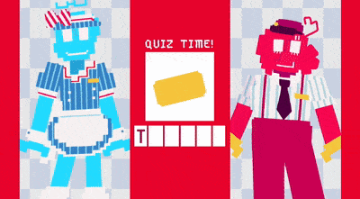 a cartoon drawing of a man and a woman standing next to each other with the words quiz time above them